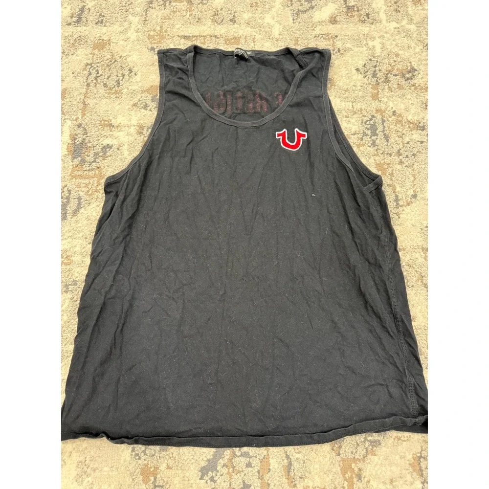 True Religion Mens Black Buddha Guitar Graphic Tank Top Horseshoe Logo XL